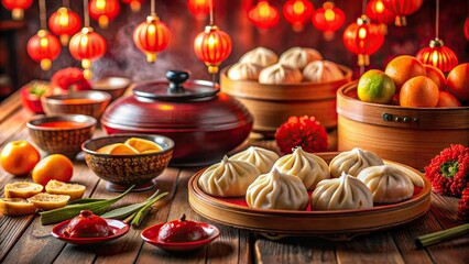 Naklejka premium Vibrant traditional Chinese New Year dinner setup featuring steaming dumplings, niangao, and auspicious oranges on a beautifully decorated lacquered table with red lanterns.