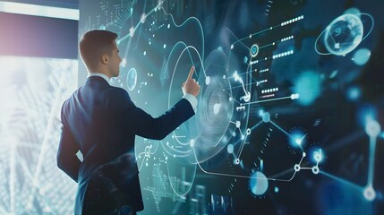 Businessman interacting with a futuristic virtual interface in a high-tech corporate setting.