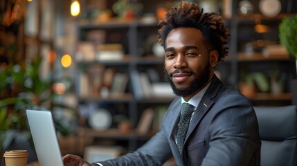 Fototapeta premium Confident young professional in a modern office space, working on a laptop with a friendly smile.