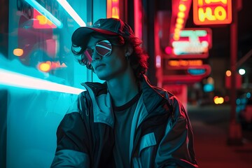Fototapeta premium A man with a visor hat and reflective jacket, leaning against a neon-lit storefront, embodying the Y2K fashion vibe