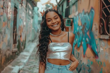 Fototapeta premium A young woman with butterfly clips in her hair, wearing a shiny crop top and wide-leg jeans, smiling at the camera in a vibrant urban setting