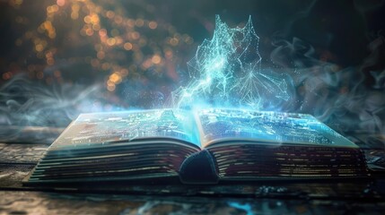 Fototapeta premium Ancient magical book emitting blue energy on a wooden table, surrounded by mystic smoke and sparks, depicting an enchanted, mysterious atmosphere.