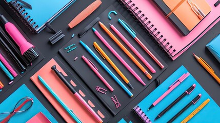 Colorful stationery set arrangement with notebooks, pens, pencils, and office supplies on a black background.