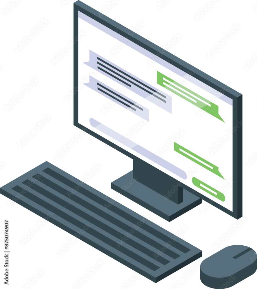 Poster modern desktop computer displaying a chat application with ongoing conversation, highlighting online