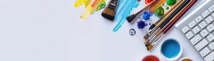 Obraz premium Top view of colorful art supplies including paintbrushes, paints, and a keyboard on a white desk. Creative workspace, art project, and inspiration.