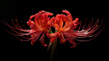 Close-up image of Red Spider Lily with dark backdrop emphasizing details