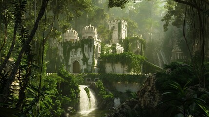 A captivating view of an ancient white castle in the heart of a dense rainforest, surrounded by towering trees and thick greenery