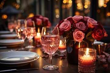 Elegantly set table with crystal glasses, rose bouquet, and flickering candles in evening light.