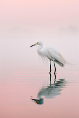 Obraz premium White heron on the lake water in the rays of the setting sun