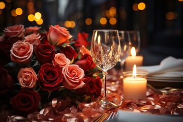 Elegant table setting with rose bouquet, candles, wine glasses, and soft lighting.