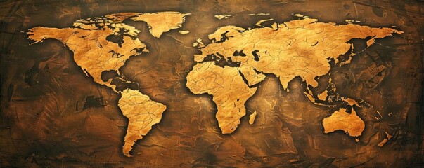 Vintage world map illustration with a rustic, earthy texture, depicting continents in gold on a brown background, ideal for decor and educational use.