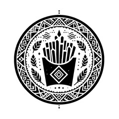 french fries in decorative emblem ornament, Victorian, art deco, art nouveau, boho, bohemian,  folk, flourish