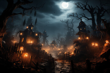 Fototapeta premium A spooky scene of zombies emerging from graves on Halloween night