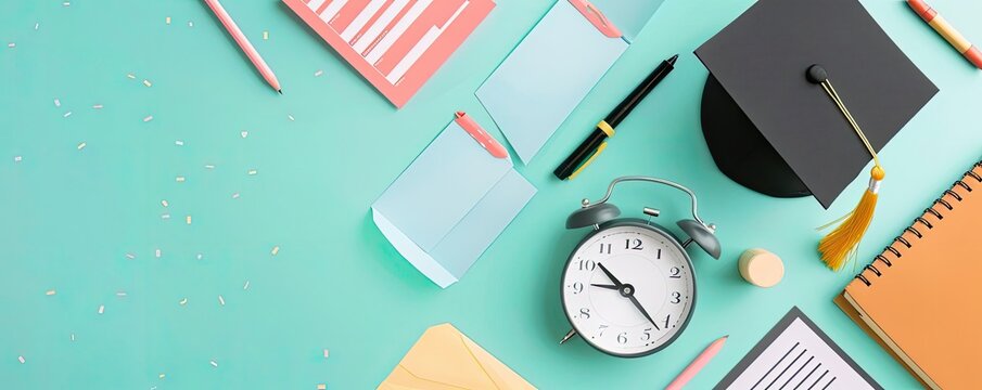 Top view of graduation hat, notebooks, alarm clock, and stationery on mint green background. Perfect for education and academic success themes.
