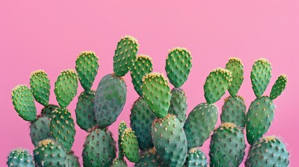 Green Opuntia cactus on pink Color background, Cactus flower in pot,hipster style,cacti,Summer creative concept,fashion style,Space for text.