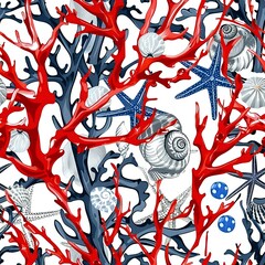 Obraz premium Painterly Nautical Pattern with Red Coral, Starfish, and Seashells