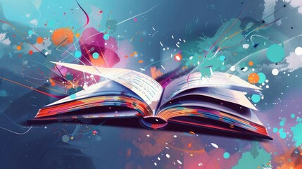 Vibrant digital illustration of an open book with colorful, abstract splashes and swirling designs, symbolizing creativity and imagination.