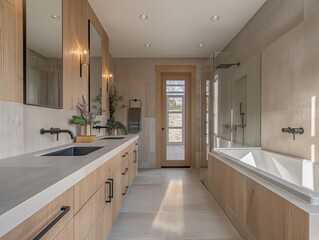 Contemporary Bathroom with Wood Accents and Double Vanity

