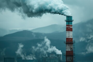 A tall industrial smokestack emitting thick smoke, set against a background of mountains and overcast skies, highlighting environmental impact.
