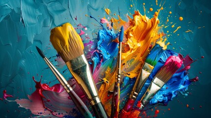 Paint Brushes Unleash Colorful Explosion on Canvas