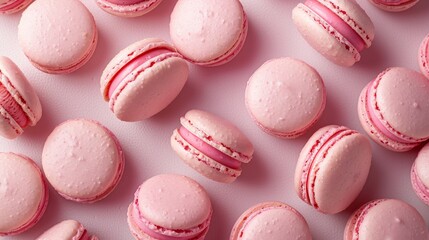 Obraz premium Strawberry macaroons on color background,parisian chic cafe dessert, sweet food and cake macaron for luxury confectionery brand,Pastry, bakery and branding concept.
