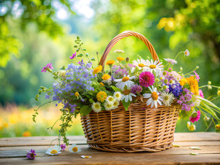A bouquet of flowers in a wicker basket stands on a table in the garden. The flowers are meadow and create a rustic atmosphere.