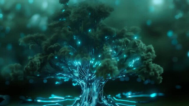 Glowing digital tree with blue lights and connected roots