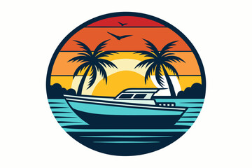 Retro sunset and sea black silhouette Surfing boat Vector Illustration - T-Shirt Design