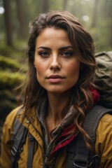 A female hiker carrying a backpack explores the wooded landscape.