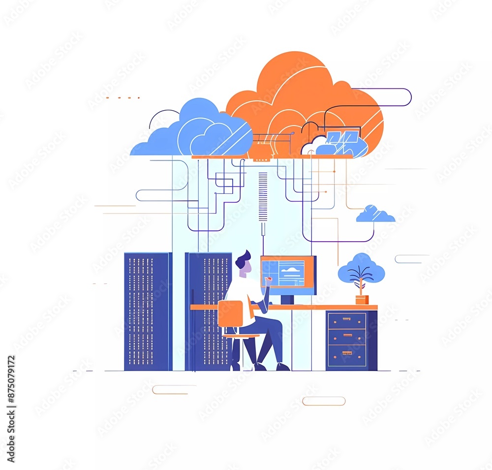 Poster flat illustration of a man working on a computer with clouds and storage, data center server equipme