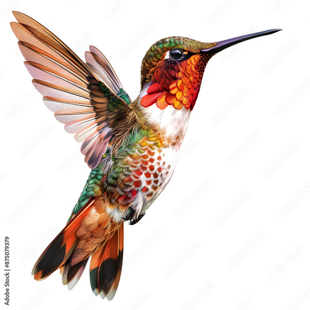Poster colorful hummingbird in flight on transparent background
