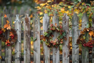 Rustic wooden fence adorned with autumn wreaths featuring colorful fall leaves, creating a cozy, seasonal outdoor decoration scene.