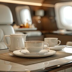 Fototapeta premium a coffee and tea set on a table in an airplane