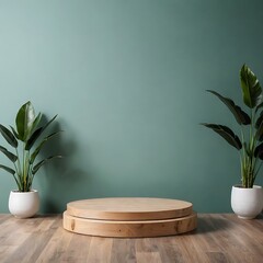Smooth marble platform stands on marble table on green background, flowers in pots nearby