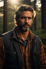 Fototapeta premium A man stands amidst tall trees in a serene forest setting.