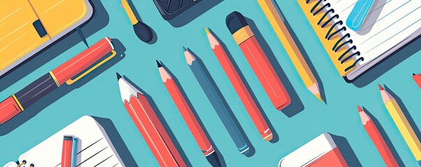 Colorful collection of office and school supplies, including pencils, pens, notepads, and markers on a blue background.