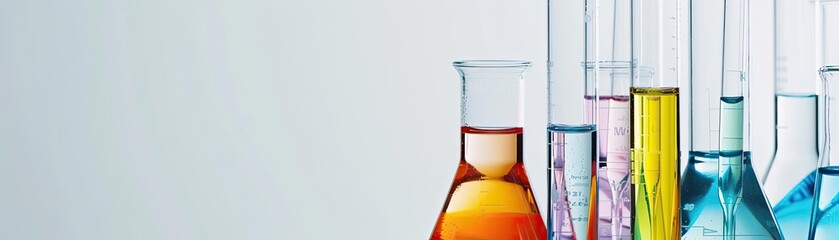 Science equipment including beakers and test tubes, white background, copy space, close-up, professional lighting