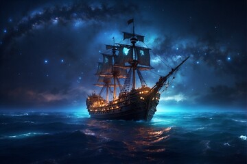 Fototapeta premium A pirate ship with its sails billowing in the wind sails through the dark waters of the ocean under the moonlight.