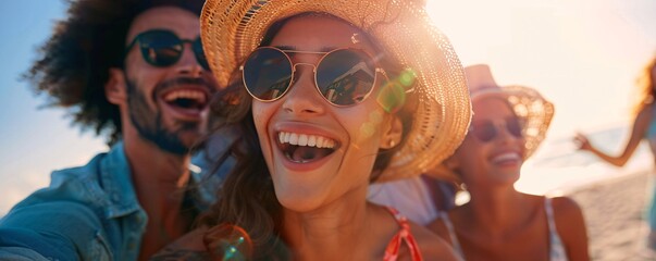 Group of friends laughing and taking a selfie on the beach