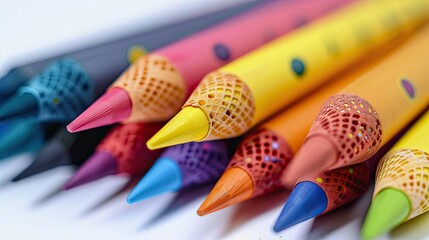 Obraz premium Close-up shot of vibrant colored pencils in a row, showcasing a variety of colors for art, drawing, and creativity. Ideal for education and design.
