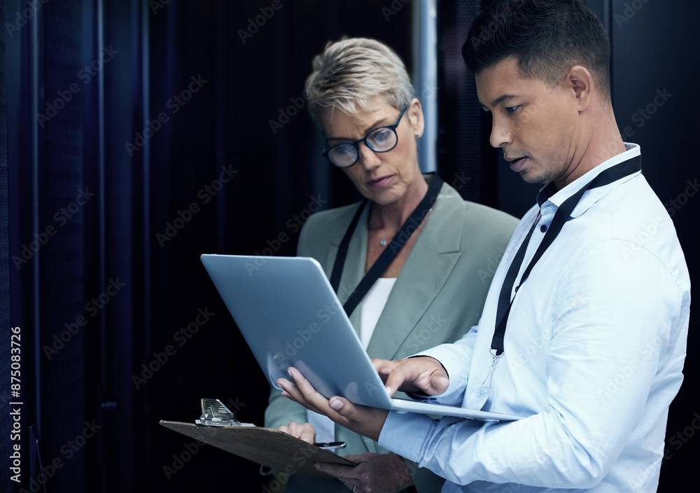 Poster Data center, people and computer engineer with clipboard, collaboration and programming. Mature woman, analytics and technician with hardware, security or maintenance for system update in server room