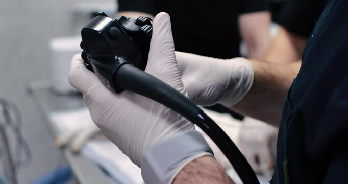 A doctor's hand holds the path of controlling an endoscope during a gastroscopic examination of a pet in veterinary surgery. Gastroscopic examination of the animal's digestive system.