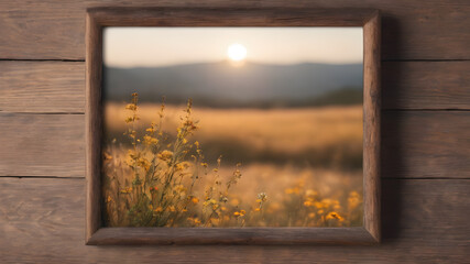 Fresh flowers with Frame on wooden background with with empty space for greeting message.  Love and greeting concept design. AI generated image, ai