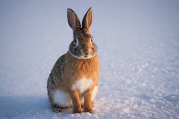  a rabbit sitting in the snow looking at the camera with a sad look on its face,