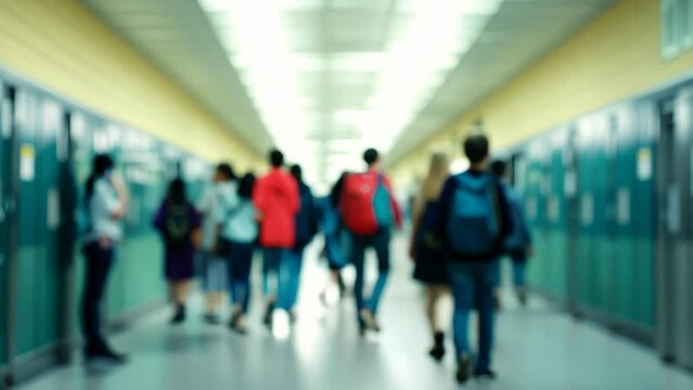Blurred students walking in busy high school corridor