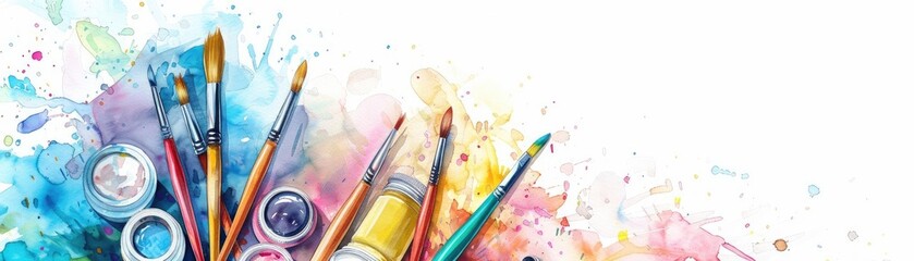 Fototapeta premium Vibrant watercolor painting tools arranged with colorful splashes on a white background, showcasing artistic creativity and inspiration.