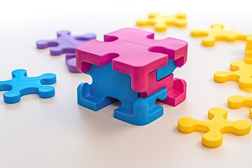 A pink, blue, and purple puzzle piece tower surrounded by yellow puzzle pieces.