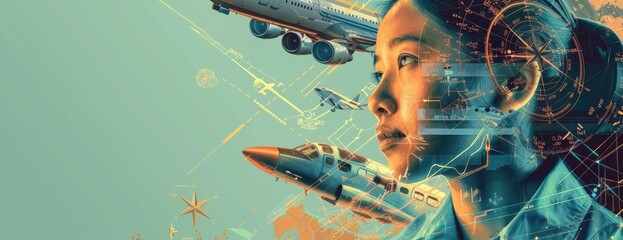 The photo shows a young girl looking up at the sky, with an airplane in the background. There are also some technical graphics superimposed on the image. The girl is wearing a blue shirt and has brown