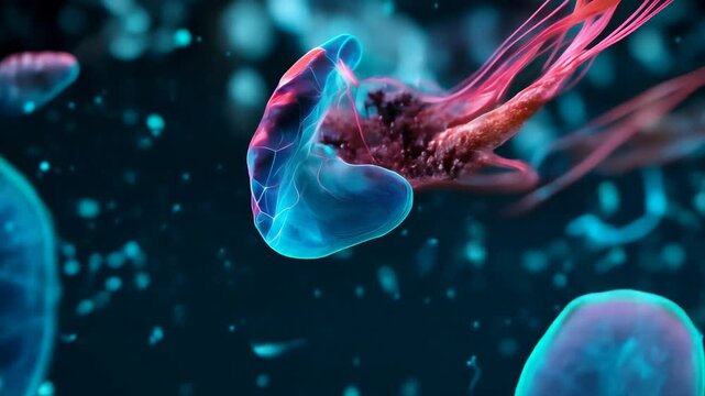 Futuristic digital jellyfish with glowing tentacles and binary code on body