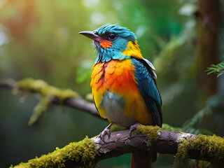 Obraz premium Vibrant Avian Perch: A Colorful Bird in the Forest